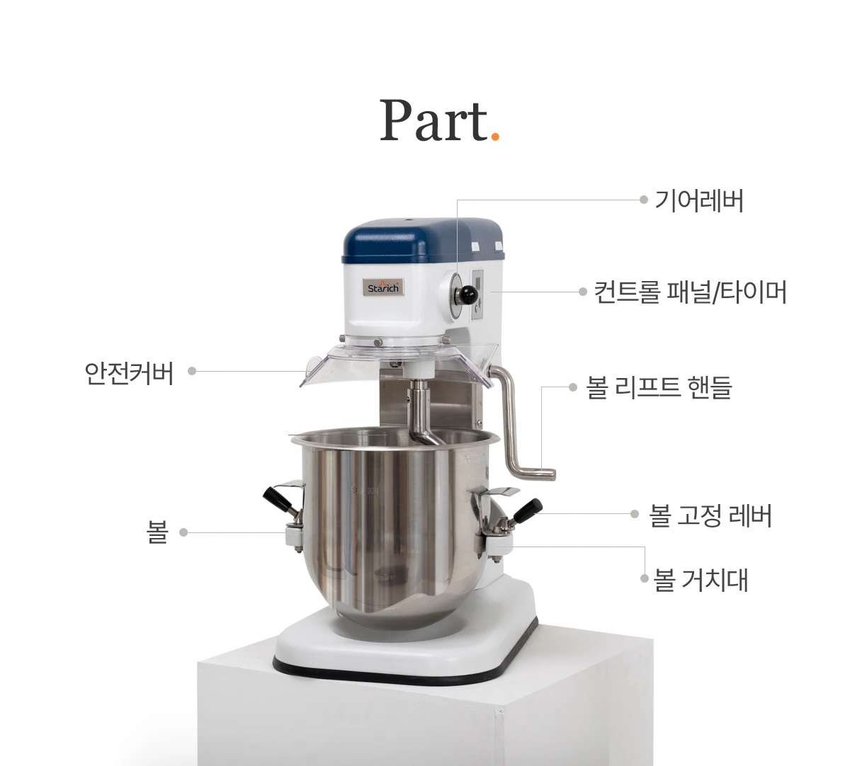 B10B Part 구성 — 기어레버, 컨트롤 패널/타이머, 볼 리프트 핸들, 안전커버, 볼, 볼 고정 레버, 볼 거치대