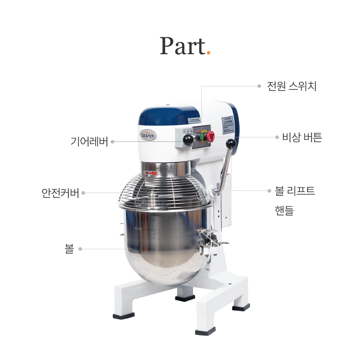 B20GA Part 구성 — 기어레버, 전원 스위치, 비상 버튼, 안전커버, 볼, 볼 리프트 핸들