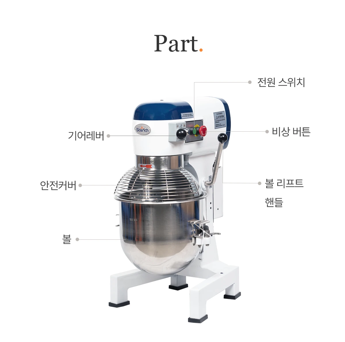 B30GA Part 구성 — 기어레버, 전원 스위치, 비상 버튼, 안전커버, 볼, 볼 리프트 핸들